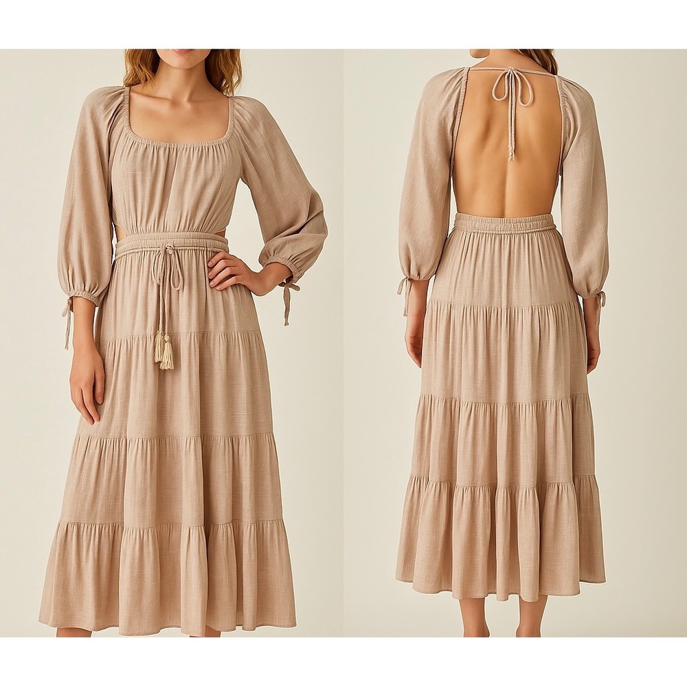 FREE PEOPLE Ibiza Maxi Dress Size Small Open-Back Tiered Cottagecore Milkmaid